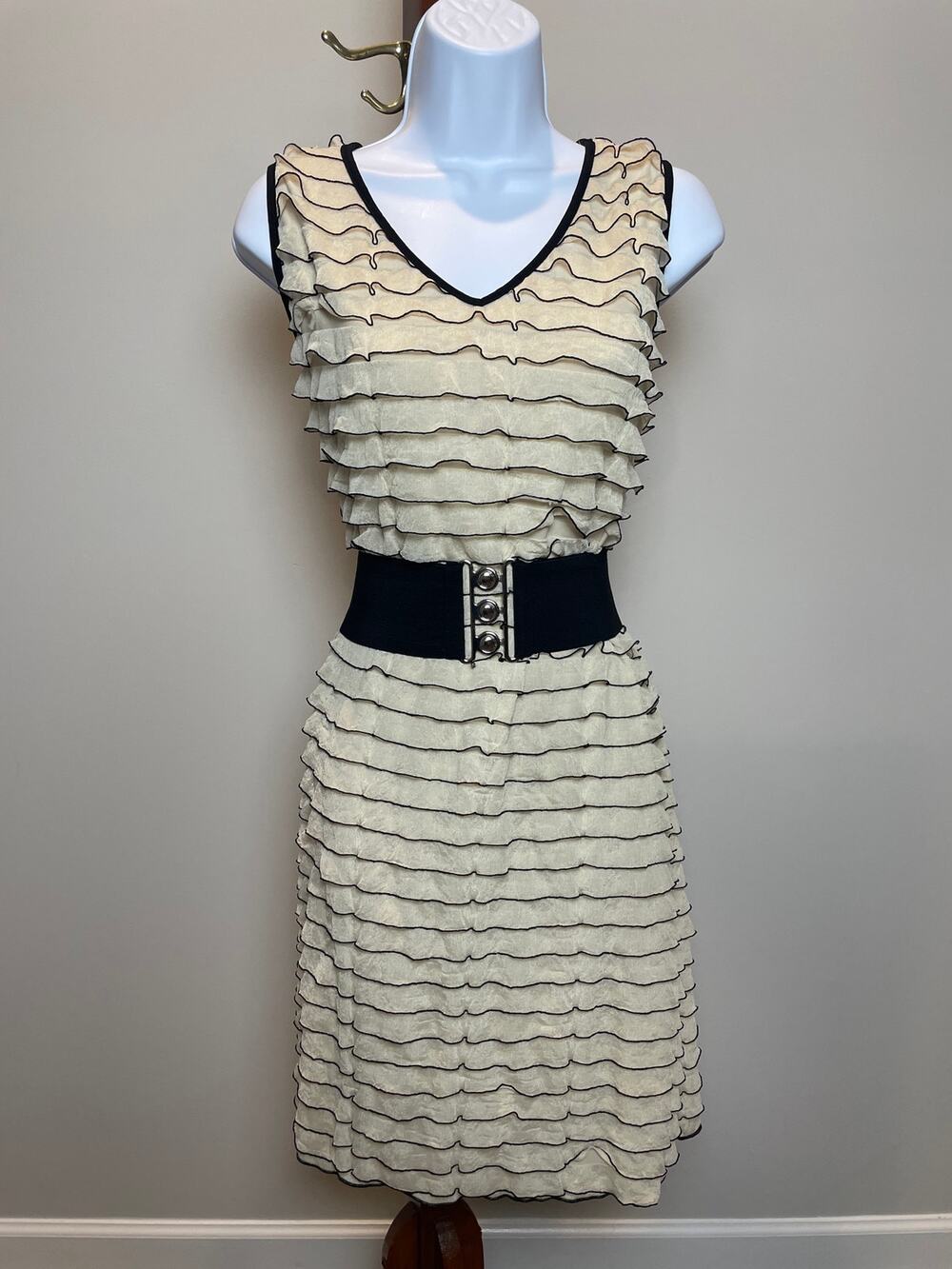 Carole Little Dress Beige Black Trim Chiffon Fabric Mini USA Made Size M